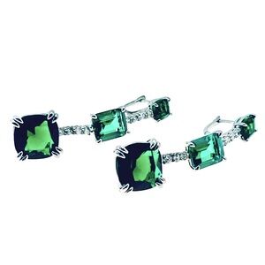 Dangle Earrings in Silver Tone with Green Rhinestones